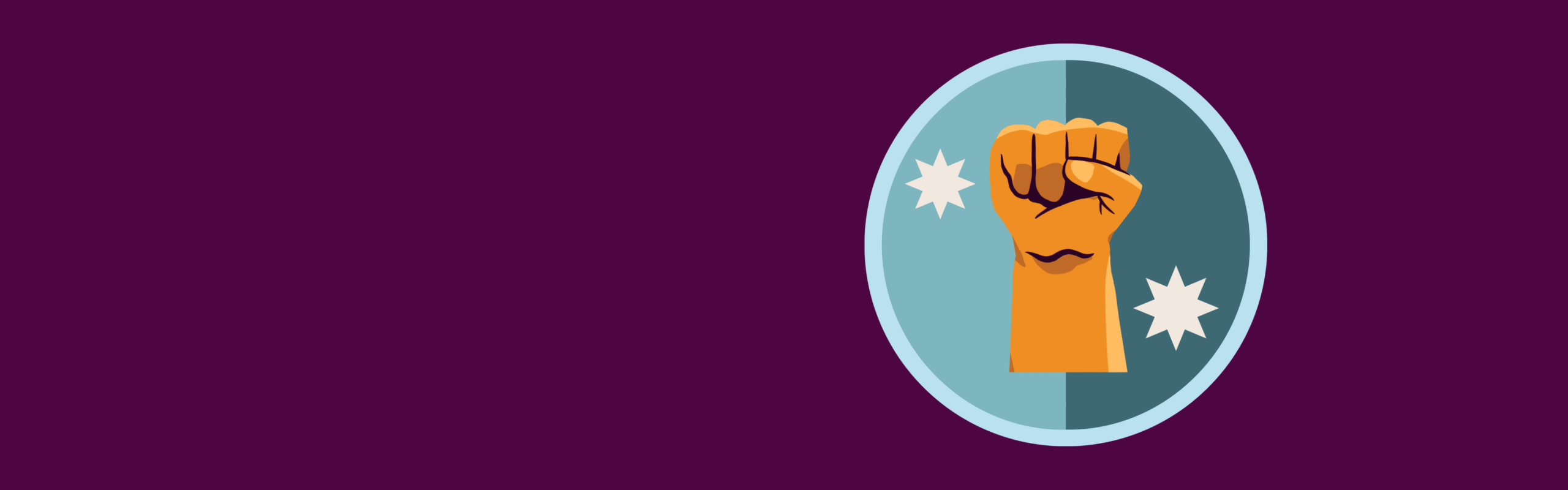 A banner with a purple background and a fist raised up in power.